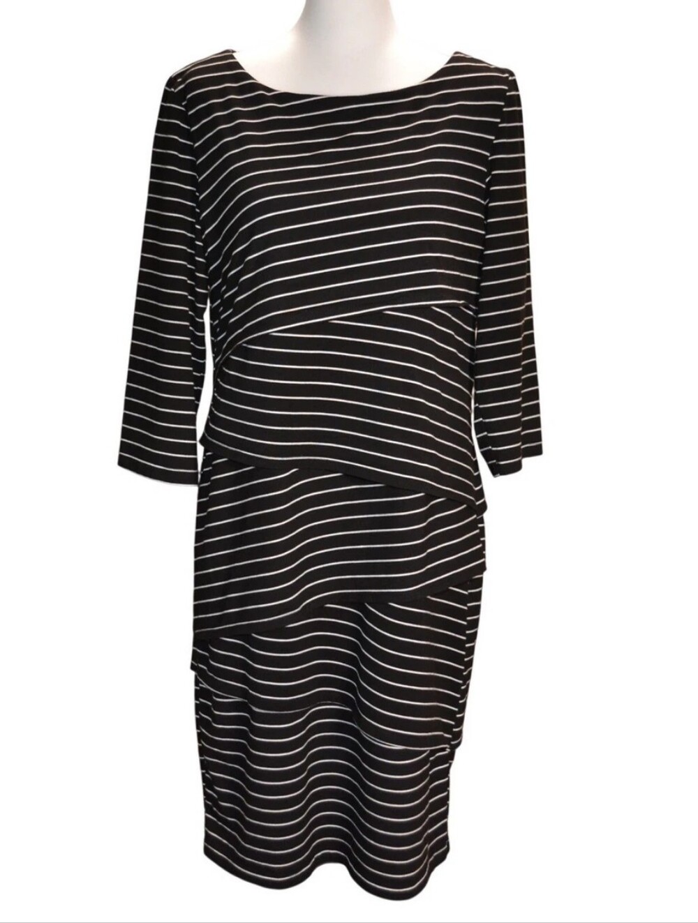 Ronni Nicole Tiered Black White Sheath Dress Diagonal Stripe 3/4 Sleeve New